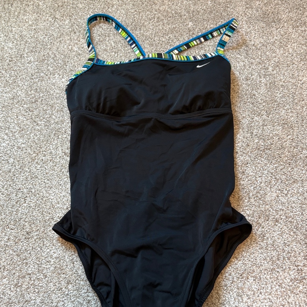 Nike Black One-Piece Swimsuit with Blue and Green Striped Trim